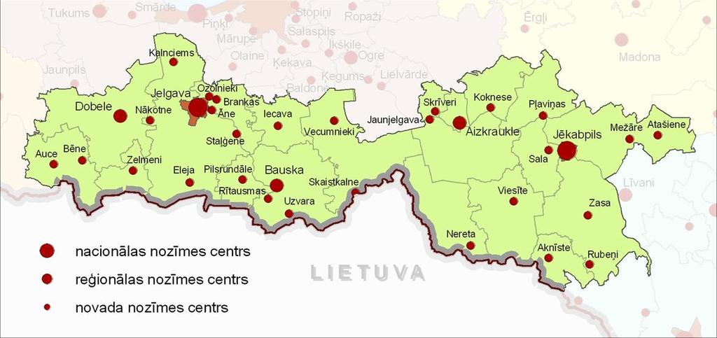 Nozīmīgākie attīstības centri Zemgales reģionā Avots: autoru izstrādāts, izmantojot Vidzemes PR datus Reģions atrodas Latvijas centrālajā daļā, ar labi attīstītu ceļu tīklu, kas veicina pieejamību