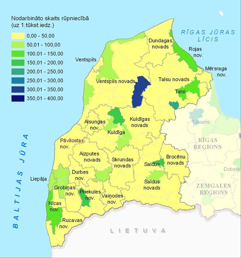 56. att. Nodarbināto iedzīvotāju skaits rūpniecībā Kurzemes reģiona teritoriālajās vienībās, 2009. g.