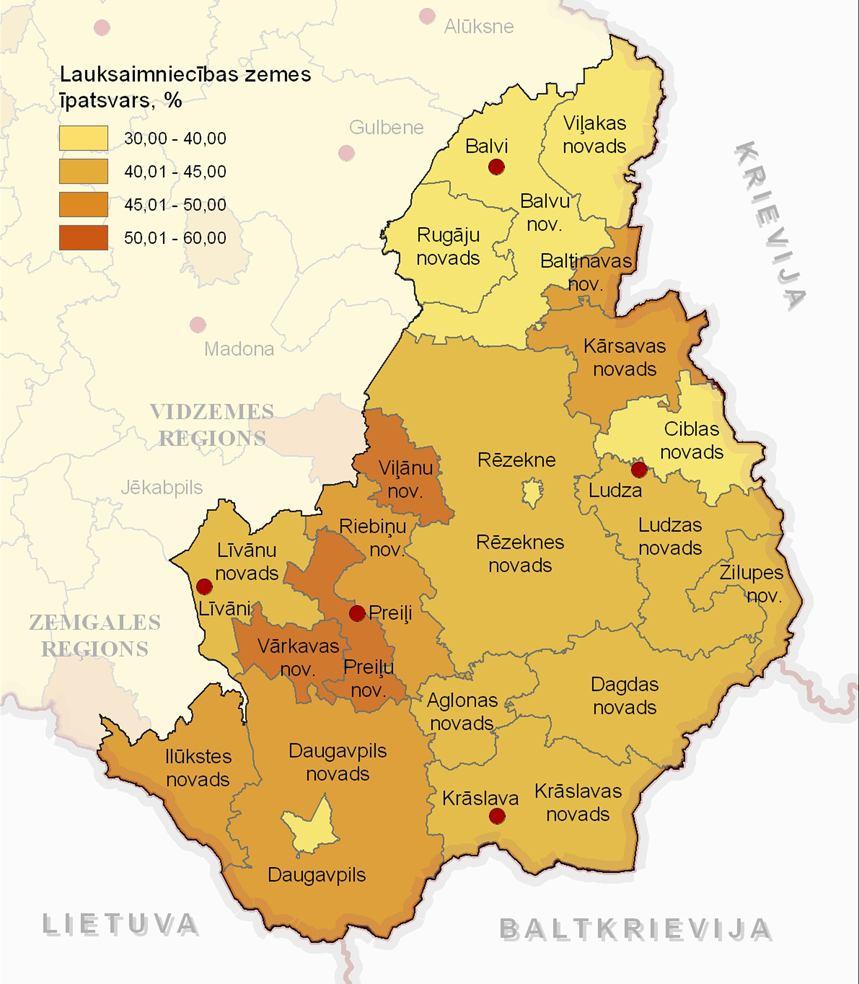 neizmantoto zemju īpatsvars ir pierobežā: Zilupes novadā (37%), Ludzas novadā (29%), kā arī paugurainajā Aglonas novadā (24%).