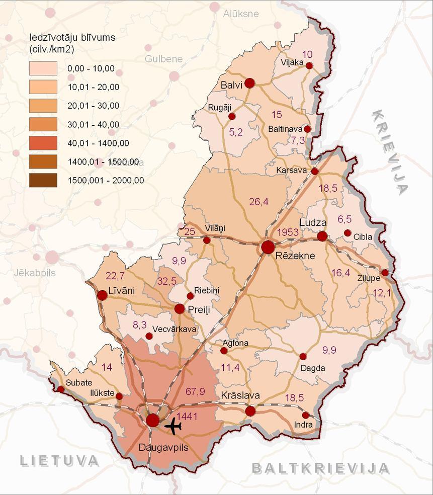 66. att. Latgales reģiona iedzīvotāju teritoriālais izvietojums (cilv./km²) Avots: autoru izstrādāts, izmantojot Latgales PR datus 2011.