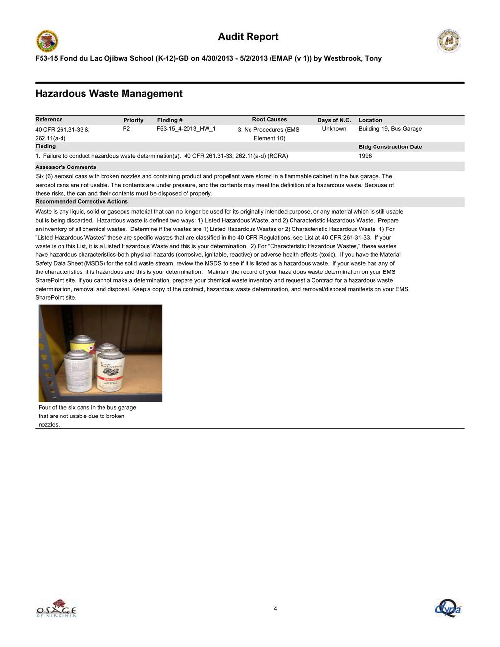 Audit Report F53-15 Fond du Lac Ojibwa School (K-12)-GD on 4/30/2013-5/2/2013 (EMAP (v 1)) by Westbrook, Tony Hazardous Waste Management Reference Priority Finding # Root Causes Days of N.C. Location 40 CFR 261.