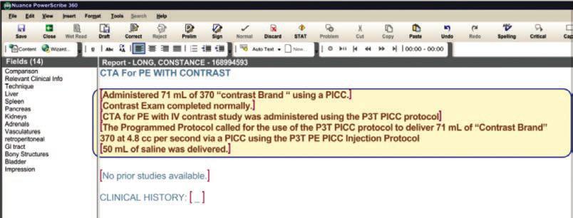 SR Speech Reporting Interface The SR Interface auto populates patient-specific contrast details directly