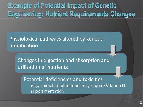 Slide 12 Example of Potential Impact of Genetic Engineering: Nutrient Requirements Changes It is important to note that some geneticallyengineered animals may have substantially altered physiological