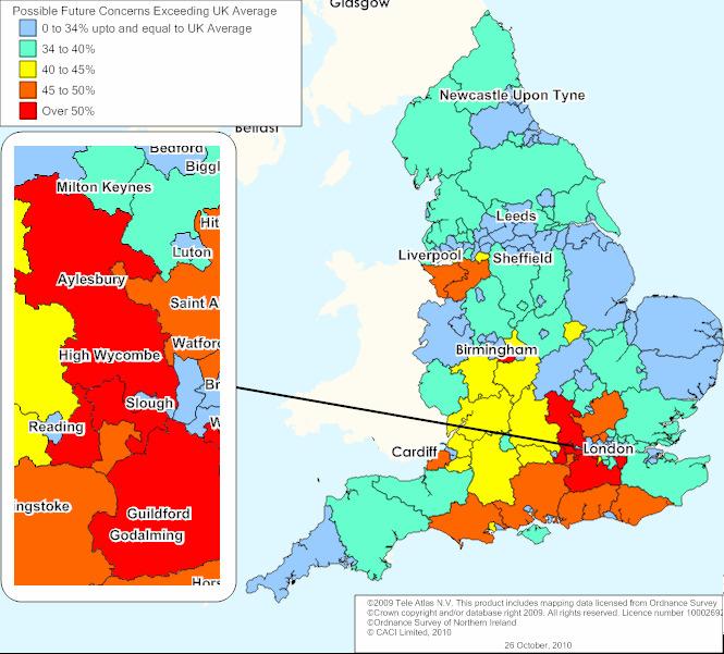 14.3 Possible Future Concerns The following map illustrates where the percentage of the resident population categorised as possible future concerns at Local Authority Level exceeds the UK average of