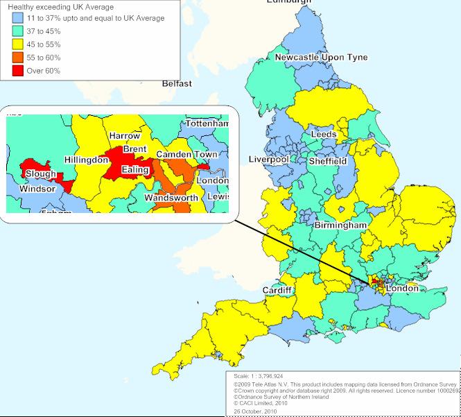 14.4 Healthy The following map illustrates where the percentage of the resident population classified as healthy at Local Authority Level exceed the UK average of 37%.