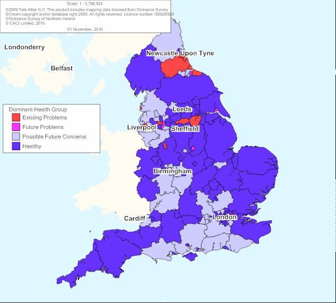 Geographical profile of health groups in England Fig. 1 below details the Local Authority areas categorised by its dominant health group.