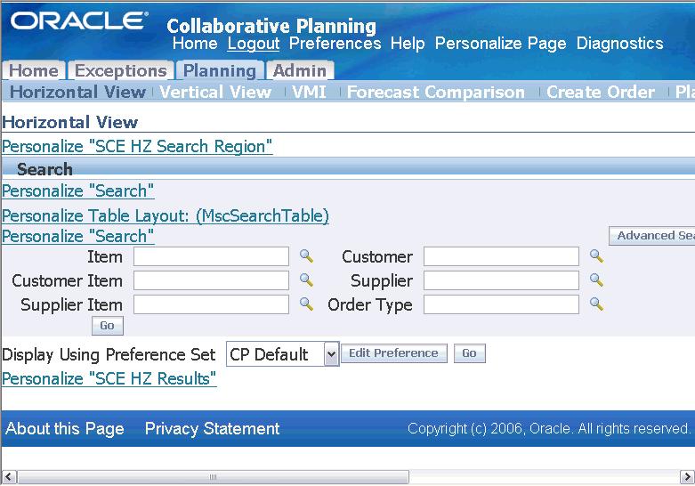 1. Select the Planning tab in Oracle Collaborative Planning. The following image depicts the Planning tab in Oracle Collaborative Planning: Planning Tab 2. Select Planner Workbench.