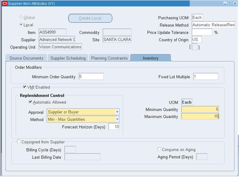 Supplier-Item Attributes Window 1. Select the VMI Enabled check box to enable an item for Vendor Managed Inventory for a specified supplier and supplier site. 2.