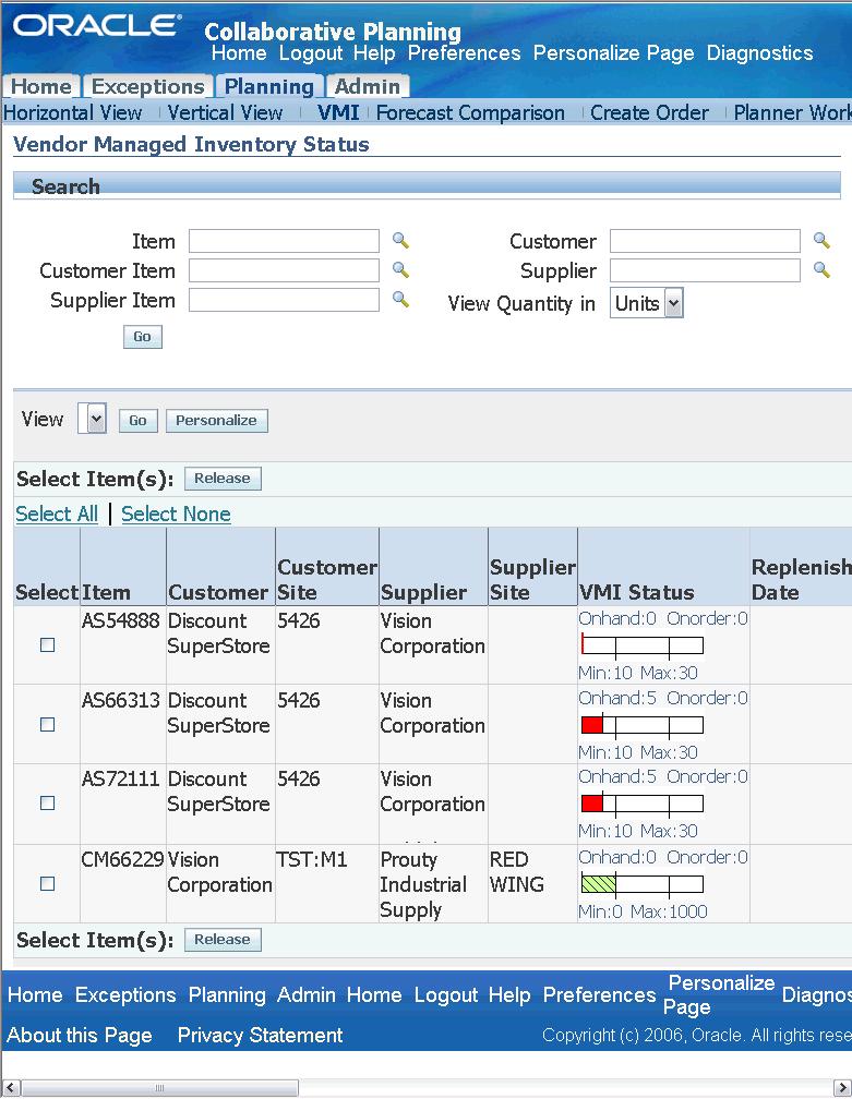The Vendor Managed Inventory Status Window In the Vendor Managed Inventory Status window you can view the replenishment information.