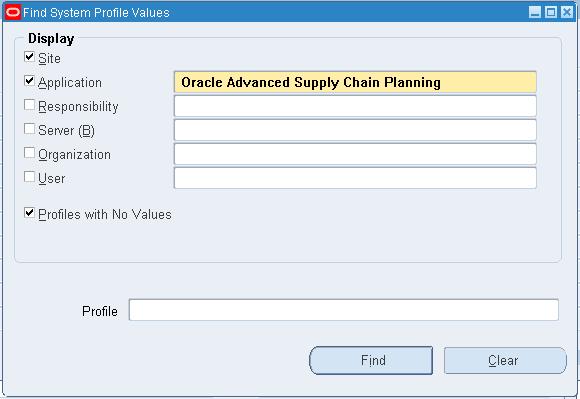 Find System Profile Values Window 4. Search and select Oracle Advanced Supply Chain Planning in the Application field. 5.