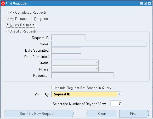 Find Requests Window 4. 2-32 In the Submit a New Request window, select Single Request and select OK.