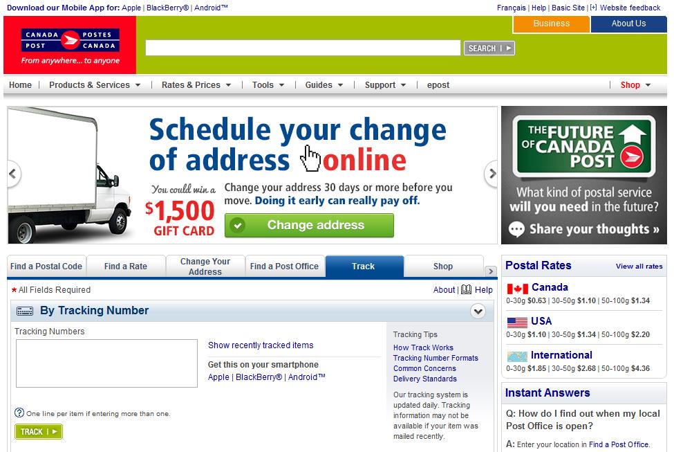 5 1.2.2 Canada Post Figure 1.2 Canada Post Website Canada Post is a company which is offer and provides parcel delivery based at Canada. Canada Post website is shown in Figure 1.2. Same with other company, Canada Post also has tracking parcel function.