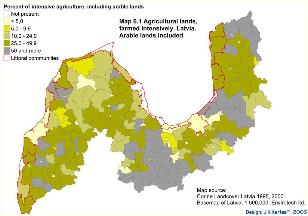 Main agro-industrial regions of Latvia including arable land are marked and it is evident that they are not concentrated in coastal areas.
