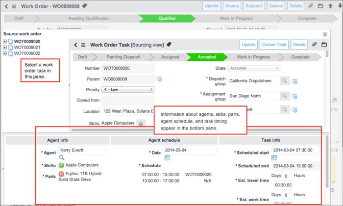 3. 4. 5. Open a work order task that is not in Closed or Cancelled state. Click Source. In the navigation tree of the sourcing screen, click a work order task.