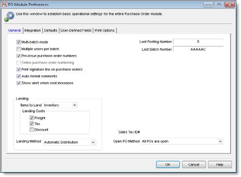 Figure 3: PO Module Preferences window Working with Batches in Purchase Order On the General tab of the PO Module Preferences window, you can select whether or not you want to use multi-batch mode
