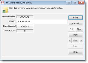 Figure 4: PO Set Up Receiving Batch window 2 Enter a unique identity for this new batch, or accept the default that includes the user name and time the batch was created.