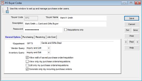 Figure 15: PO Buyer Codes window windowselect the Help button in the software window for detailed information about the options in this window.