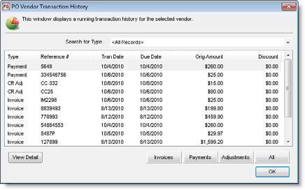 Figure 18: PO Vendor Transaction History window After you select a vendor, you can also view your purchase history with them directly from the entry