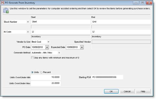Figure 20: PO Generate From Inventory window 2 Choose from the options in the window to include all of the necessary items.
