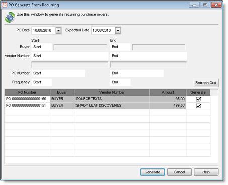 Figure 28: PO Generate from Recurring window 3 Use the fields in the PO Generate from Recurring window to specify the orders to generate.