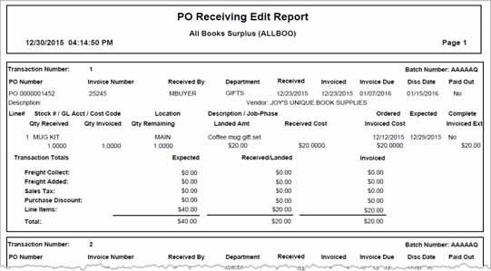 Select the Print Edit Report button from the Options slide-out menu in the PO Receive Items window. Complete the options in the window to include the necessary transactions on the report.