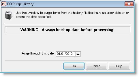 Figure 32: PO Purge History window Enter the date through which you want to purge the history files.