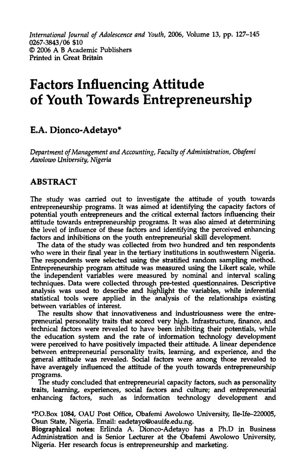 International Journal of Adolescence and Youth, 2006, Volume 13, pp.