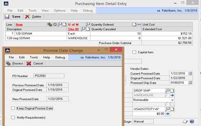 Purchase Order Current Promise Date Changed When the Current Promise Date is changed, the Promise Date Change window opens, allowing the user to
