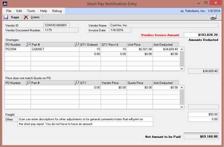 Purchasing Short Pay A new window is provided to track why a Vendor s Invoice is