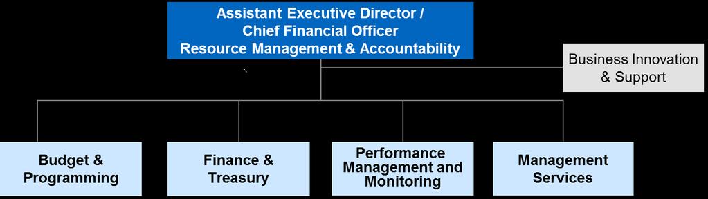 Resource Management and Accountability The AED for Resource Management and Accountability and the Chief Financial Officer (CFO) will retain the same basic structure as at present (Figure 7).
