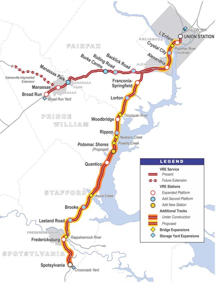 VRE SYSTEM PLAN 2040 Adding rail capacity to grow to 50,000+ daily riders PHASE 1: Run Longer Trains More railcars More station parking More train storage tracks Second & longer platforms PHASE 2 &