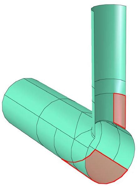 Figure 4: pipe-branch connection FE model and locations of local wall thinning highlighted (outof-plane bending) Local wall thinning region was modeled from the same shell element but with a thinner