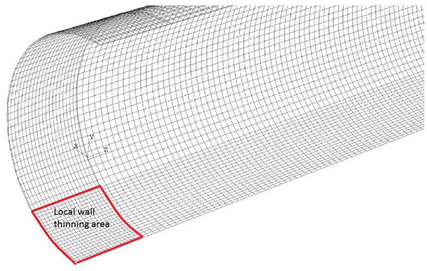 Figure 12: Typical mesh of quarter-model for SG 690 straight tube with external local wall thinning region Two specimens were chosen to be compared with the numerical results of the model.