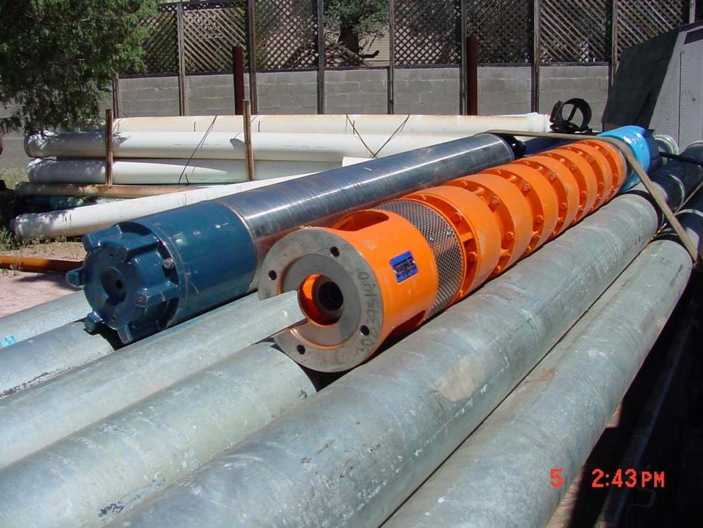 A new 8-inch submersible pump and motor with 6-inch column pipe about to be installed in a high capacity municipal supply well.