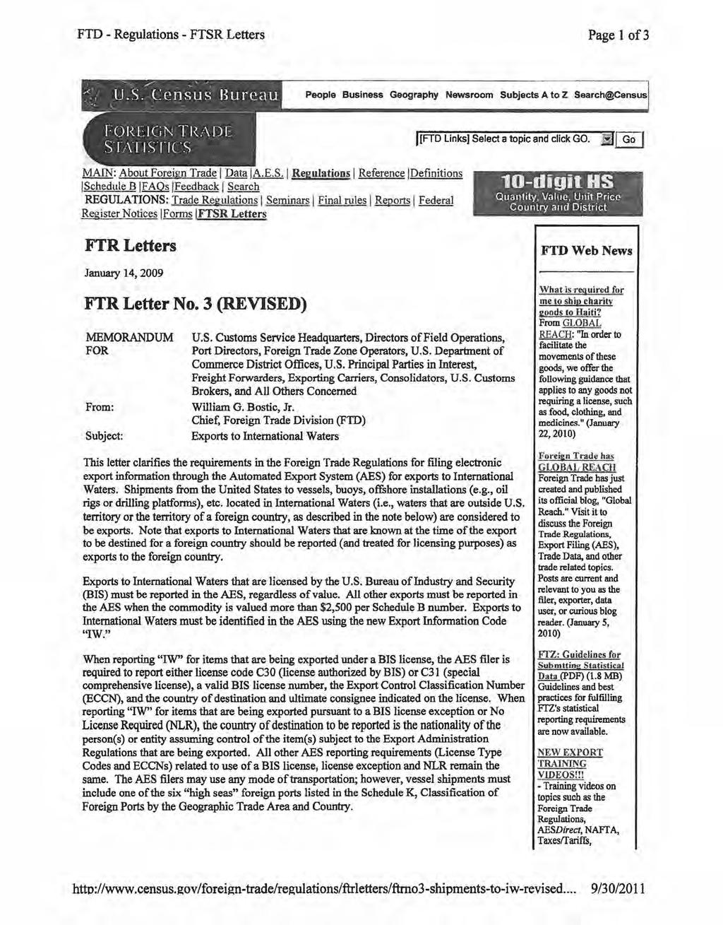 FTD - Regulations - FTSR Letters Page 1 of3 ---------------------.~.-.------ People Business Geography Newsroom Subjects A.to Z Search@Census JrFTD Links) Select a topic and click GO.