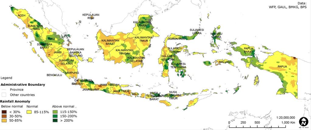 Most of Indonesia received normal rainfall levels in March, with some localized abnormally high rains.