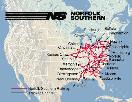 NORFOLK SOUTHERN US mega-railroad Headquarters: Norfolk, VA Operates over 22,000 miles of track in 22 states, the District of Columbia and the province of Ontario Moves very little
