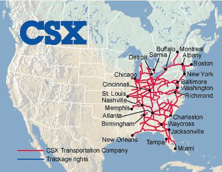 CSX US mega-railroad Headquarters: Jacksonville, FL Operates over 23,000 miles of track in 22 states, the District of Columbia and two Canadian provinces Moves coal in/out/within