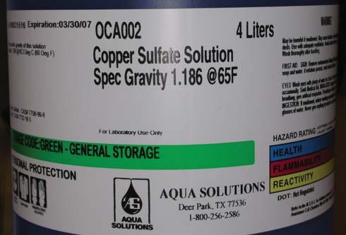 In a copper container or in a glass, polyethylene, or other chemically nonreactive container in which a bright piece of copper is present, a quantity of cupric sulfate shall be dissolved in hot
