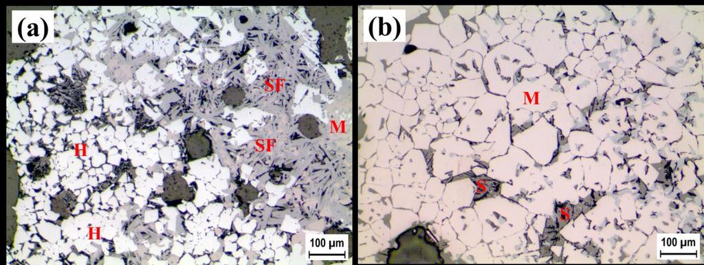 Figure 11. Typical microstructure of a commercial sinter. (a) Exterior and (b) interior of sinter lumps.
