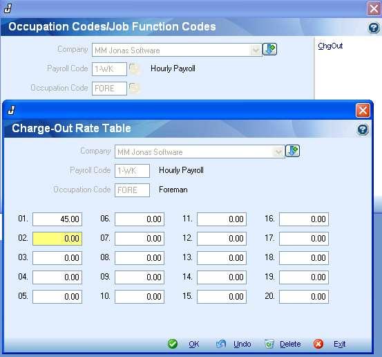 Occupation Code Method For this method, the rate gets setup under a rate table under Payroll Configuration> Occupation Codes > click on Chg Out.