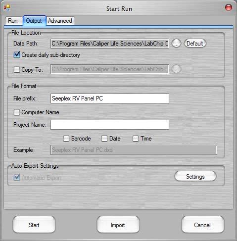 6. In the Output tab select the destination of the file, the filename convention and any additional data to