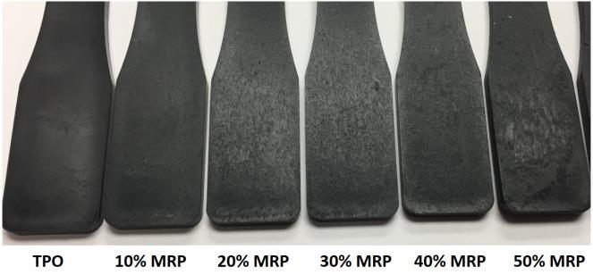 Fig. 6 Comparison of the tensile stress-strain curves of the TPO/MRP compounds at various rubber loading ratios. Fig.