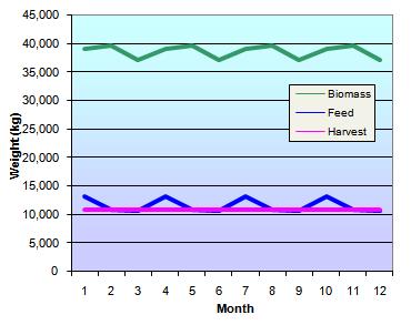 Production Strategy Year-round production 30,000 20g fry every 3 months 12 months to ~1200g @ ~10 o C Harvest