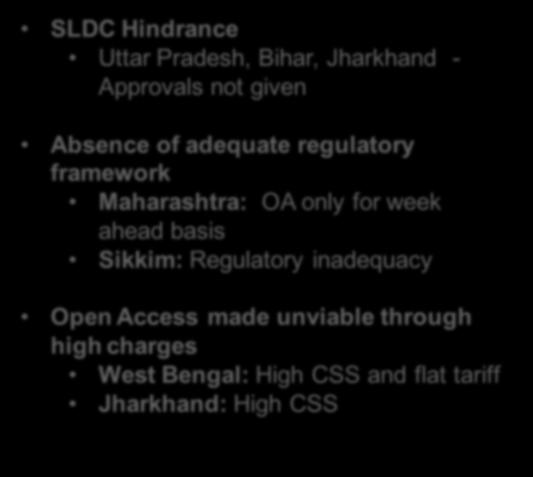 States Not Allowing Open Access SLDC Hindrance Uttar Pradesh, Bihar, Jharkhand - Approvals not given Absence of adequate regulatory framework Maharashtra: OA