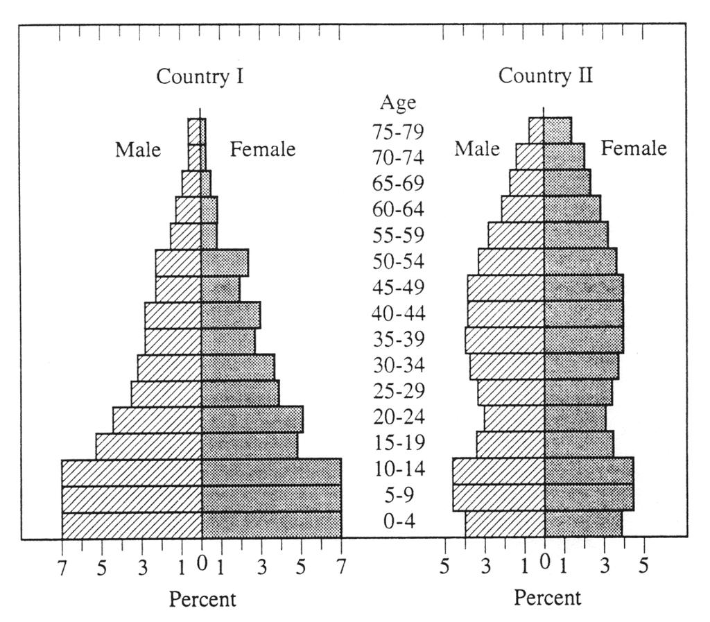 Questions 43 46. The illustrations below show the age and sex of the human populations in Country 1 and Country 2. The ages are grouped by 5-year classes, and the sexes are represented separately.