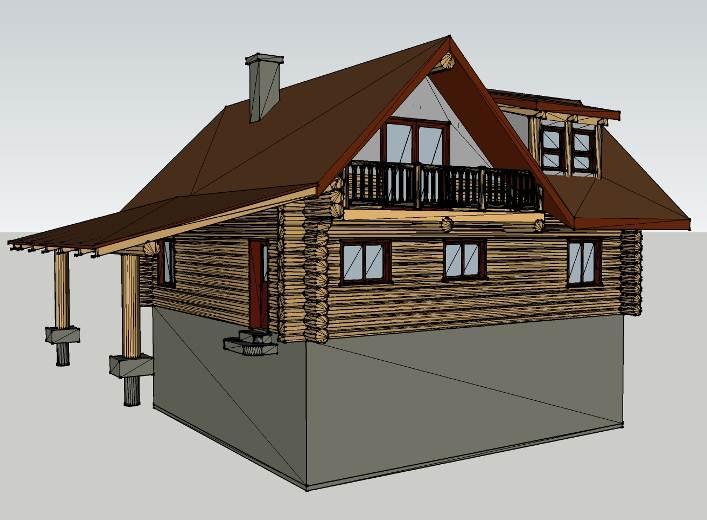 The first floor exterior walls are constructed from logs, and the second floor gable areas are assumed to be typical wood frame