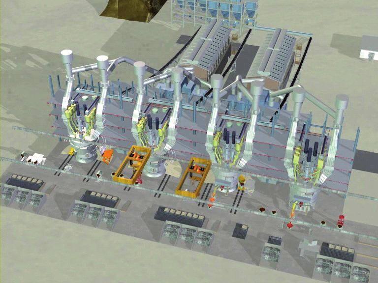 Figure 11: 3D illustration of a modern Si-metal plant SMS Siemag is at present supplying two furnaces for Si-metal production of 30 MVA transformer capacity each.