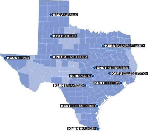Texas PBS Texas PBS reaches 20 million viewers in every corner of the state. 1.KACV Amarillo 2. KLRU Austin 3. KEDT Corpus Christi 4. KAMU College Station 5.