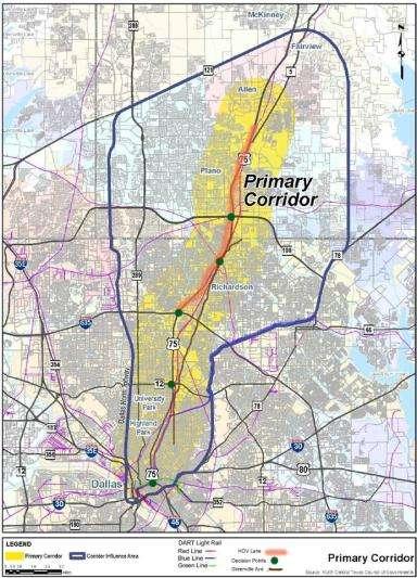 US 75 Corridor Networks Freeway with continuous Frontage Roads Managed HOV lanes Dallas North